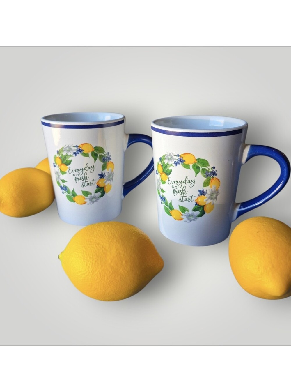 Lemon Wreath Ceramic Coffee Mug "Everyday Is a Fresh Start" Print with Blue Trim